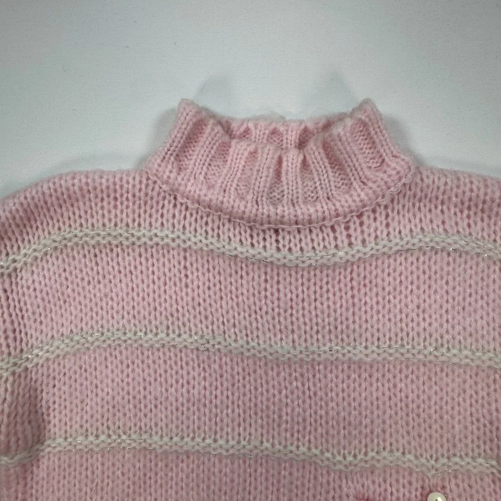 Vintage Maison Gabriel Pink Cream Striped Mock Neck Knit Sweater Metallic M